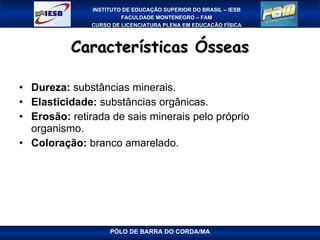 Características Ósseas Dureza:  substâncias minerais. Elasticidade:  substâncias orgânicas. Erosão:  retirada de sais minerais pelo próprio organismo. Coloração:  branco amarelado. PÓLO DE BARRA DO CORDA/MA 