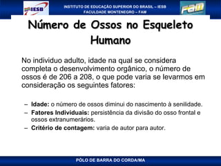 Número de Ossos no Esqueleto Humano No individuo adulto, idade na qual se considera completa o desenvolvimento orgânico, o número de ossos é de 206 a 208, o que pode varia se levarmos em consideração os seguintes fatores: Idade:  o número de ossos diminui do nascimento à senilidade. Fatores Individuais:  persistência da divisão do osso frontal e ossos extranumerários. Critério de contagem:  varia de autor para autor. PÓLO DE BARRA DO CORDA/MA 