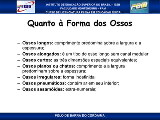 Quanto à Forma dos Ossos Ossos longos:  comprimento predomina sobre a largura e a espessura; Ossos alongados:  é um tipo de osso longo sem canal medular Ossos curtos:  as três dimensões espaciais equivalentes; Ossos planos ou chatos:  comprimento e a largura predominam sobre a espessura; Ossos irregulares:  forma indefinida Ossos pneumáticos:  contém ar em seu interior; Ossos sesamóides:  extra-numerais; PÓLO DE BARRA DO CORDA/MA 