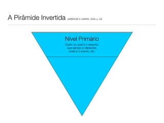 A Pirâmide Invertida   (AMBROSE E HARRIS, 2009, p. 20)




                   Nível Primário
                   Quem ou qual é o assunto;
                    que serviço é oferecido;
                     onde é o evento, etc.
 