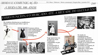 MODA E COMUNICAÇÃO                                        PUC-Minas / Minicurso - Moda e comunicação /Gregório Reis | setembro 2011
                                                                                                                                      2.01
 A MODA DE 100 ANOS
                                                                           O SECULO XX?
                                                           AT É A METADE D
            NA O MERCADO
COMO FUNCIO                                                                            As novidades eram
                                                                                       pouco assimiladas
                                                                                        pela indústria que
                                                                                       produzia em larga
 Os criadores dominavam as tendências e                                                      escala na sua
 tinham autonomia para ditar o que se
 usava.                                                                                    maioria roupas
                                                                                          para o trabalho.
                                    As peças, únicas,
                                    eram confeccionadas
                                    com exclusividade,
                                    usando poucos
                                    recursos
                                    tecnológicos.                                                             As moda era
                                                                                                              verdadeiramente
                                                           Logo apareciam em                                  assimilada no âmbito
                                                           revistas de moda.                                  doméstico. Obviamente
                                                           Usados por                                         com grande atraso em
       Apresentados em                                     celebridades ou por                                relação ao seu lançamento
      croquis, desfiles e                                  modelos.                                           os modelos eram
   expostos nas vitrines,                                  A comunicação se                                   veiculados em revistas, às
       essas peças eram                                    desenvolve para se                                 vezes com o molde
    vendidas a mulheres                                    tornar o elo entre a                               explicativo, e feito pelas
  importantes a um alto                                    alta costura e a                                   donas de casa ou
preço e as vezes sofriam                                   massa.                                             costureiras domésticas.
      poucas alterações.
 