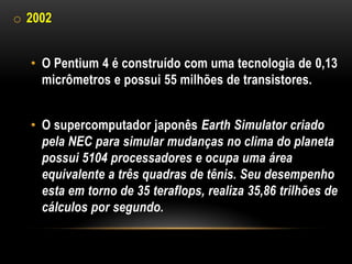 o 2002


  • O Pentium 4 é construído com uma tecnologia de 0,13
    micrômetros e possui 55 milhões de transistores.


  • O supercomputador japonês Earth Simulator criado
    pela NEC para simular mudanças no clima do planeta
    possui 5104 processadores e ocupa uma área
    equivalente a três quadras de tênis. Seu desempenho
    esta em torno de 35 teraflops, realiza 35,86 trilhões de
    cálculos por segundo.
 