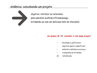 dinâmica: concebendo um projeto objetivo: retribuir os veteranos  pela adorável acolhida à Pirassununga,  brindando-os com um delicioso bolo de chocolate. em grupos de 10, conceber a one-page project introdução e justificativa objetivos (geral e específicos) material e métodos  (metodologia) cronograma de atividades (5.  referências) 