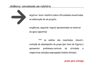dinâmica: concebendo um relatório objetivo: tecer relatório sobre dificuldades encontradas na elaboração de um projeto. exigências, seguindo ‘regras’ apresentadas no material de apoio (apostila): *** na análise dos resultados, discutir, evolução do desempenho do grupo (por meio de figura) e apresentar problemas-centrais da atividade e respectivas soluções empregadas (tabela síntese). prazo para entrega 