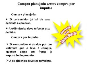Compra planejada versus compra por
                      impulso
    Compra planejada:
 O consumidor já sai de casa
decidido a comprar.
 A exibitécnica deve reforçar essa
decisão.
    Compra por impulso:

 O consumidor é atraído por um
estímulo que o leva à compra,
quando passa em frente à
exposição do produto.
 A exibitécnica deve ser completa.
 