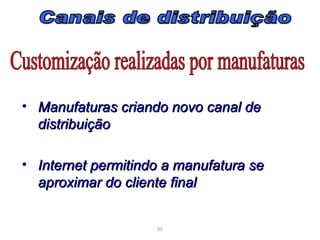 • Manufaturas criando novo canal de
  distribuição

• Internet permitindo a manufatura se
  aproximar do cliente final


                    95
 