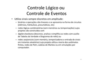 Controle	
  Lógico	
  ou	
  	
  
Controle	
  de	
  Eventos	
  
•  U<liza	
  sinais	
  sempre	
  discretos	
  em	
  amplitude:	
  
–  binários	
  e	
  operações	
  não-­‐lineares	
  e	
  se	
  apresenta	
  na	
  forma	
  de	
  circuitos	
  
(elétricos,	
  hidráulicos,	
  pneumá<cos,	
  etc)	
  
–  redes	
  lógicas	
  combinatórias	
  (sem	
  memórias	
  ou	
  temporizações)	
  cujos	
  
projetos	
  são	
  construídos	
  com	
  	
  
–  álgebra	
  booleana	
  (descreve,	
  analisa	
  e	
  simpliﬁca	
  as	
  redes	
  com	
  auxílio	
  
de	
  Tabelas	
  da	
  Verdade	
  e	
  Diagramas	
  de	
  relés)	
  ou	
  	
  
–  redes	
  seqüenciais	
  (com	
  memória,	
  temporizadores	
  e	
  entrada	
  de	
  sinais	
  
em	
  instantes	
  aleatórios)	
  cujo	
  projeto	
  u<liza	
  a	
  teoria	
  dos	
  autômatos	
  
ﬁnitos,	
  redes	
  de	
  Petri,	
  cadeias	
  de	
  Markov	
  ou	
  em	
  simulações	
  por	
  
computador.	
  	
  
14	
  
 