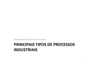 PRINCIPAIS	
  TIPOS	
  DE	
  PROCESSOS	
  
INDUSTRIAIS	
  
Automação	
  de	
  Processos	
  e	
  Serviços	
  
2	
  
 