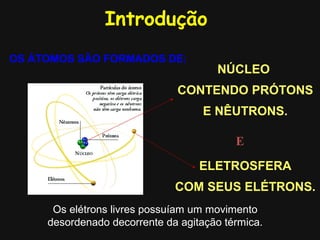Introdução
OS ÁTOMOS SÃO FORMADOS DE:
                                      NÚCLEO
                              CONTENDO PRÓTONS
                                    E NÊUTRONS.

                                          E
                                   ELETROSFERA
                              COM SEUS ELÉTRONS.
      Os elétrons livres possuíam um movimento
     desordenado decorrente da agitação térmica.
 