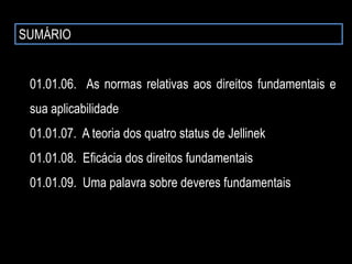 SUMÁRIO
01.01.06. As normas relativas aos direitos fundamentais e
sua aplicabilidade
01.01.07. A teoria dos quatro status de Jellinek
01.01.08. Eficácia dos direitos fundamentais
01.01.09. Uma palavra sobre deveres fundamentais
 