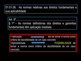 01.01.06. As normas relativas aos direitos fundamentais e
sua aplicabilidade
Art. 5º..................................................................................
§ 1º - As normas definidoras dos direitos e garantias
fundamentais têm aplicação imediata.
• Aplicação ato de tomar a norma como
critério de decidibilidade de um caso concreto
•Aplicabilidade POSSIBILIDADE de
tomar a norma como critério de decidibilidade de um caso
concreto.
 