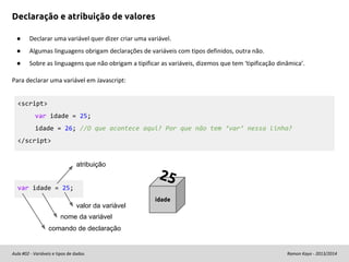 Declaração e atribuição de valores
●

Declarar uma variável quer dizer criar uma variável.

●

Algumas linguagens obrigam declarações de variáveis com tipos definidos, outra não.

●

Sobre as linguagens que não obrigam a tipificar as variáveis, dizemos que tem ‘tipificação dinâmica’.

Para declarar uma variável em Javascript:
<script>
var idade = 25;
idade = 26; //O que acontece aqui? Por que não tem ‘var’ nessa linha?
</script>

atribuição

25

var idade = 25;
idade

valor da variável
nome da variável
comando de declaração

Aula #02 - Variáveis e tipos de dados

Ramon Kayo - 2013/2014

 