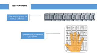 Teclado Numérico

Usado apenas quando for
inserido em textos.

Usado na inserção de senhas
e/ou cálculos.

 