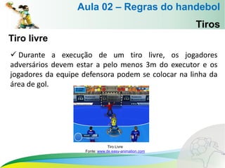 Tiros
Tiro livre
 Durante a execução de um tiro livre, os jogadores
adversários devem estar a pelo menos 3m do executor e os
jogadores da equipe defensora podem se colocar na linha da
área de gol.
Aula 02 – Regras do handebol
Tiro Livre
Fonte: www.de.easy-animation.com
 