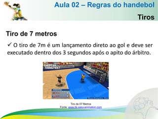 Tiros
Tiro de 7 metros
 O tiro de 7m é um lançamento direto ao gol e deve ser
executado dentro dos 3 segundos após o apito do árbitro.
Aula 02 – Regras do handebol
Tiro de 07 Metros
Fonte: www.de.easy-animation.com
 