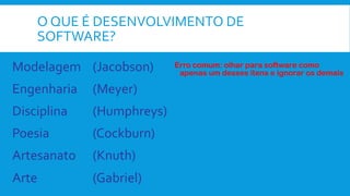 O QUE É DESENVOLVIMENTO DE
SOFTWARE?
(Gabriel)Arte
(Knuth)Artesanato
(Cockburn)Poesia
(Humphreys)Disciplina
(Meyer)Engenharia
(Jacobson)Modelagem Erro comum: olhar para software como
apenas um desses itens e ignorar os demais
 
