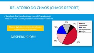 RELATÓRIO DO CHAOS (CHAOS REPORT)
 Estudo doThe Standish Group conclui (Chaos Report):
Pesquisa sobre a utilização das funcionalidades do software ...
Mais de 64% de um sistema de software
quase nunca não é utilizado!
DESPERDÍCIO!!!!
 