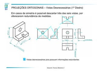Desenho Técnico Mecânico I 
PROJEÇÕES ORTOGONAIS – Vistas Desnecessárias (1º Diedro) 
Vistas desnecessárias pois possuem informações redundantes 
Em casos de simetria é possível descartar três das seis vistas, por oferecerem redundância de medidas.  