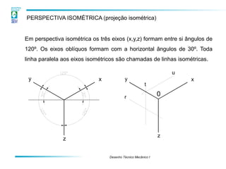 Desenho Técnico Mecânico I 
PERSPECTIVA ISOMÉTRICA (projeção isométrica) 
Em perspectiva isométrica os três eixos (x,y,z) formam entre si ângulos de 
120º. Os eixos oblíquos formam com a horizontal ângulos de 30º. Toda 
linha paralela aos eixos isométricos são chamadas de linhas isométricas. 
x 
z 
y y x 
z 
t 
u 
r 0 
 