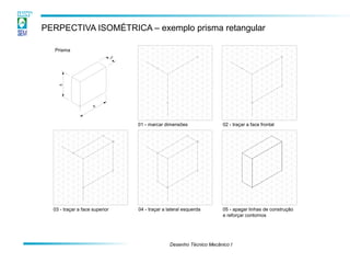 Desenho Técnico Mecânico I 
PERPECTIVA ISOMÉTRICA – exemplo prisma retangular 
5 
Prisma 
01 - marcar dimensões 
02 - traçar a face frontal 
05 - apagar linhas de construção 
e reforçar contornos 
04 - traçar a lateral esquerda 
03 - traçar a face superior  