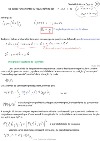 Teoria Quântica de Campos I 17 
(Ryder 5.1) 
Coloca todos os a†’s a esquerda dos a’s 
Integral de Trajetória de Feynman 
Energia de ponto zero ou do vácuo 
( eq. 17.1 ) 
No estado fundamental, ou vácuo, defindo por 
a energia é: 
Podemos definir um hamiltoniano sem esta energia de ponto zero, definindo o ordenamento normal: 
Uma quantidade de frequentemente queremos saber é, dado que uma partícula estava em 
uma posição q em um tempo t, qual é a probabilidade de a encontrarmos na posição q’ no tempo t’. 
Em uma linguagem mais “quântica” dada a função de onda: 
Gostaríamos de conhecer o propagador F, definido por: 
é distribuição de probabilidades para q’ no tempo t’, independente do que aconte-ceu 
antes de t’ 
A equação 17.1 é uma simples expressão da causalidade, considerando que a partícula pode ter co-meçado 
em qualquer lugar. Claramente F é a amplitude de probabilidade de transição entre a função 
em (q,t) e a em (q’,t’) e: 
é a probabilidade de transição 
Vejamos como podemos expressar F em termos de grandezas familiares: 
Quadro de Schrödinger 
 