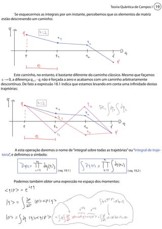 Teoria Quântica de Campos I 19 
Se esquecermos as integrais por um instante, percebemos que os elementos de matriz 
estão descrevendo um caminho: 
Este caminho, no entanto, é bastante diferente do caminho clássico. Mesmo que façamos 
ε → 0, a diferença qi+1 - qi não é forçada a zero e acabamos com um caminho arbitrariamente 
descontínuo. De fato a expressão 18.1 indica que estamos levando em conta uma infinidade destas 
trajetórias: 
A esta operação daremos o nome de “integral sobre todas as trajetórias” ou “integral de traje-tória”, 
e definimos o símbolo: 
( eq. 19.1 ) ( eq. 19.2 ) 
Podemos também obter uma expressão no espaço dos momentos: 
 