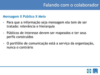 Falando com o colaborador
Mensagem X Público X Meio
- Para que a informação seja mensagem ela tem de ser
tratada: relevância e hierarquia
- Públicos de interesse devem ser mapeados e ter seus
perfis construídos
- O portfólio de comunicação está a serviço da organização,
nunca o contrário
 