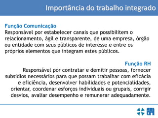 Importância do trabalho integrado
Função Comunicação
Responsável por estabelecer canais que possibilitem o
relacionamento, ágil e transparente, de uma empresa, órgão
ou entidade com seus públicos de interesse e entre os
próprios elementos que integram estes públicos.
Função RH
Responsável por contratar e demitir pessoas, fornecer
subsídios necessários para que possam trabalhar com eficácia
e eficiência, desenvolver habilidades e potencialidades,
orientar, coordenar esforços individuais ou grupais, corrigir
desvios, avaliar desempenho e remunerar adequadamente.
 