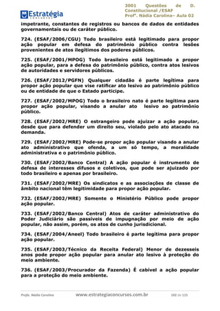 3001 Questões de D.
Constitucional /ESAF
Profa
. Nádia Carolina– Aula 02
Profa. Nádia Carolina www.estrategiaconcursos.com.br 102 de 115
impetrante, constantes de registros ou bancos de dados de entidades
governamentais ou de caráter público.
724. (ESAF/2006/CGU) Todo brasileiro está legitimado para propor
ação popular em defesa do patrimônio público contra lesões
provenientes de atos ilegítimos dos poderes públicos.
725. (ESAF/2001/MPOG) Todo brasileiro está legitimado a propor
ação popular, para a defesa do patrimônio público, contra atos lesivos
de autoridades e servidores públicos.
726. (ESAF/2012/PGFN) Qualquer cidadão é parte legítima para
propor ação popular que vise ratiﬁcar ato lesivo ao patrimônio público
ou de entidade de que o Estado participe.
727. (ESAF/2002/MPOG) Todo o brasileiro nato é parte legítima para
propor ação popular, visando a anular ato lesivo ao patrimônio
público.
728. (ESAF/2002/MRE) O estrangeiro pode ajuizar a ação popular,
desde que para defender um direito seu, violado pelo ato atacado na
demanda.
729. (ESAF/2002/MRE) Pode-se propor ação popular visando a anular
ato administrativo que ofenda, a um só tempo, a moralidade
administrativa e o patrimônio público.
730. (ESAF/2002/Banco Central) A ação popular é instrumento de
defesa de interesses difusos e coletivos, que pode ser ajuizado por
todo brasileiro e apenas por brasileiro.
731. (ESAF/2002/MRE) Os sindicatos e as associações de classe de
âmbito nacional têm legitimidade para propor ação popular.
732. (ESAF/2002/MRE) Somente o Ministério Público pode propor
ação popular.
733. (ESAF/2002/Banco Central) Atos de caráter administrativo do
Poder Judiciário são passíveis de impugnação por meio de ação
popular, não assim, porém, os atos de cunho jurisdicional.
734. (ESAF/2004/Aneel) Todo brasileiro é parte legítima para propor
ação popular.
735. (ESAF/2003/Técnico da Receita Federal) Menor de dezesseis
anos pode propor ação popular para anular ato lesivo à proteção do
meio ambiente.
736. (ESAF/2003/Procurador da Fazenda) É cabível a ação popular
para a proteção do meio ambiente.
 
