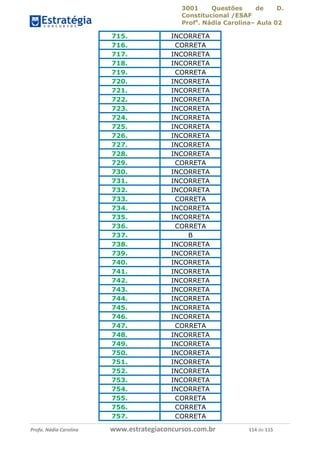 3001 Questões de D.
Constitucional /ESAF
Profa
. Nádia Carolina– Aula 02
Profa. Nádia Carolina www.estrategiaconcursos.com.br 114 de 115
715. INCORRETA
716. CORRETA
717. INCORRETA
718. INCORRETA
719. CORRETA
720. INCORRETA
721. INCORRETA
722. INCORRETA
723. INCORRETA
724. INCORRETA
725. INCORRETA
726. INCORRETA
727. INCORRETA
728. INCORRETA
729. CORRETA
730. INCORRETA
731. INCORRETA
732. INCORRETA
733. CORRETA
734. INCORRETA
735. INCORRETA
736. CORRETA
737. B
738. INCORRETA
739. INCORRETA
740. INCORRETA
741. INCORRETA
742. INCORRETA
743. INCORRETA
744. INCORRETA
745. INCORRETA
746. INCORRETA
747. CORRETA
748. INCORRETA
749. INCORRETA
750. INCORRETA
751. INCORRETA
752. INCORRETA
753. INCORRETA
754. INCORRETA
755. CORRETA
756. CORRETA
757. CORRETA
 