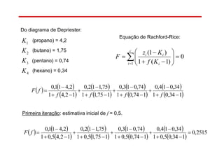 Do diagrama de Depriester:
4
3
2
1
K
K
K
K (propano) = 4,2
(butano) = 1,75
(pentano) = 0,74
(hexano) = 0,34
   
 
 
 
 
 
 
 134,01
34,014,0
174,01
74,013,0
175,11
75,112,0
12,41
2,411,0












ffff
fF
Equação de Rachford-Rice:
0
)1(1
)1(
1








 
c
i i
ii
Kf
Kz
F
Primeira iteração: estimativa inicial de f = 0,5.
   
 
 
 
 
 
 
 
2515,0
134,05,01
34,014,0
174,05,01
74,013,0
175,15,01
75,112,0
12,45,01
2,411,0












fF
 