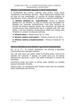 CURSO ON-LINE - D. CONSTITUCIONAL NAS 5 FONTES
PROFESSOR: VÍTOR CRUZ
62
Prof. Vítor Cruz www.pontodosconcursos.com.br
Eficácia e aplicabilidade segundo a Maria Helena Diniz:
A classificação das normas, segundo esta autora, muda pouco
comparado a José Affonso da Silva. Maria Helena Diniz aborda mais
um tipo em sua classificação: as normas de eficácia absoluta ou
supereficazes. Assim, segundo ela, teriamos a seguinte classificação:
1- Eficácia absoluta ou supereficazes: seriam as clásulas
pétreas (CF, art. 60 §4º), ou seja, as normas que não podem ser
abolidas por emendas constitucionais. Para esta doutrina, as
normas de eficácia absoluta sequer são suscetíveis de emendas
constitucionais (este pensamento não é o seguido pelo STF, que
aceita o uso das emendas constitucionais desde que usadas para
fortalecer ou ampliar as cláusulas pétreas).
2- Eficácia plena = Eficácia plena de J.A. Silva
3- Eficácia relativa restringível = Eficácia contida de J.A. Silva
4- Eficácia relativa complementável = Eficácia limitada de J.A.
Silva
Normas definidoras dos direitos e garantias fundamentais:
Art. 5º § 1º - As normas definidoras dos direitos e garantias
fundamentais têm aplicação imediata.
Isso não quer dizer que sejam todas de eficácia plena, como já foi
cobrado em concurso. É apenas um apelo para que se busque
efetivamente aplicá-las e assim não sejam frustrados os anseios da
sociedade.
Lembramos ainda que tanto as plenas como também as contidas
possuem aplicação imediata.
Vamos propor um fluxograma para facilitar nossa vida nas questões
sobre classificação das normas:
 