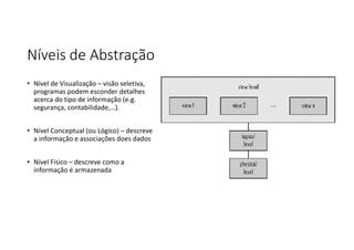 Níveis de Abstração
• Nível de Visualização – visão seletiva,
programas podem esconder detalhes
acerca do tipo de informação (e.g.
segurança, contabilidade,…).
• Nível Conceptual (ou Lógico) – descreve
a informação e associações does dados
• Nível Físico – descreve como a
informação é armazenada
 
