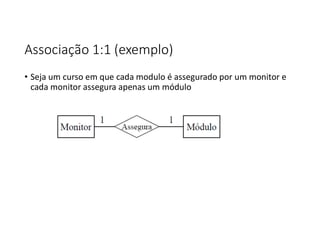 Associação 1:1 (exemplo)
• Seja um curso em que cada modulo é assegurado por um monitor e
cada monitor assegura apenas um módulo
 