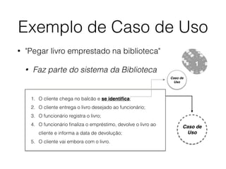 Exemplo de Caso de Uso 
• "Pegar livro emprestado na biblioteca" 
• Faz parte do sistema da Biblioteca 
1. O cliente chega no balcão e se identifica; 
2. O cliente entrega o livro desejado ao funcionário; 
3. O funcionário registra o livro; 
4. O funcionário finaliza o empréstimo, devolve o livro ao 
cliente e informa a data de devolução; 
5. O cliente vai embora com o livro. 
Caso de 
Uso 
Caso de 
Uso 
 