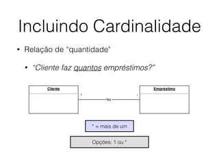 Incluindo Cardinalidade 
• Relação de “quantidade" 
• “Cliente faz quantos empréstimos?” 
* = mais de um 
Opções: 1 ou * 
 