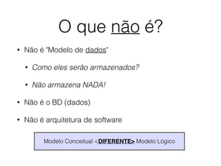 O que não é? 
• Não é "Modelo de dados" 
• Como eles serão armazenados? 
• Não armazena NADA! 
• Não é o BD (dados) 
• Não é arquitetura de software 
Modelo Conceitual <DIFERENTE> Modelo Lógico 
 