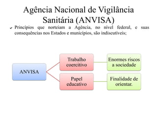 Agência Nacional de Vigilância
Sanitária (ANVISA)
✔ Princípios que norteiam a Agência, no nível federal, e suas
consequências nos Estados e municípios, são indiscutíveis;
ANVISA
Trabalho
coercitivo
Enormes riscos
a sociedade
Papel
educativo
Finalidade de
orientar.
 