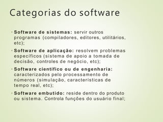 Categorias do software
• Software de sistemas: servir outros
programas (compiladores, editores, utilitários,
etc);
• Software de aplicação: resolvem problemas
específicos (sistema de apoio a tomada de
decisão, controles de negócio, etc);
• Software científico ou de engenharia:
caracterizados pelo processamento de
números (simulação, características de
tempo real, etc);
• Software embutido: reside dentro do produto
ou sistema. Controla funções do usuário final;
 