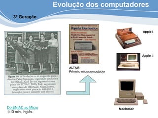 Evolução dos computadores
3ª Geração
ALTAIR
Primeiro microcomputador
Apple I
Apple II
MacIntosh
Do ENIAC ao Micro
1:13 min, Inglês
 