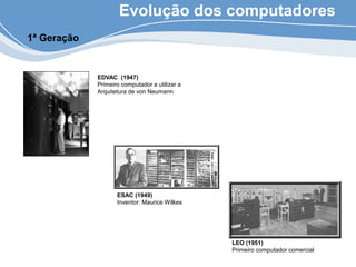 Evolução dos computadores
1ª Geração
EDVAC (1947)
Primeiro computador a utilizar a
Arquitetura de von Neumann
ESAC (1949)
Inventor: Maurice Wilkes
LEO (1951)
Primeiro computador comercial
 