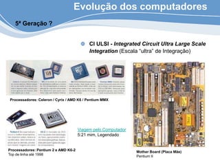 Evolução dos computadores
CI ULSI - Integrated Circuit Ultra Large Scale
Integration (Escala “ultra” de Integração)
5ª Geração ?
Processadores: Celeron / Cyrix / AMD K6 / Pentium MMX
Mother Board (Placa Mãe)
Pentium II
Processadores: Pentium 2 e AMD K6-2
Top de linha até 1998
Viagem pelo Computador
5:21 mim, Legendado
 