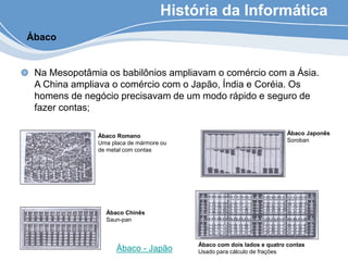 História da Informática
Na Mesopotâmia os babilônios ampliavam o comércio com a Ásia.
A China ampliava o comércio com o Japão, Índia e Coréia. Os
homens de negócio precisavam de um modo rápido e seguro de
fazer contas;
Ábaco Romano
Uma placa de mármore ou
de metal com contas
Ábaco Chinês
Saun-pan
Ábaco Japonês
Soroban
Ábaco com dois lados e quatro contas
Usado para cálculo de frações
Ábaco
Ábaco - Japão
 