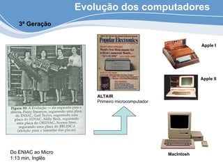 Evolução dos computadores
3ª Geração
ALTAIR
Primeiro microcomputador
Apple I
Apple II
MacIntosh
Do ENIAC ao Micro
1:13 min, Inglês
 