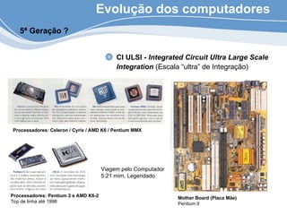 Evolução dos computadores
CI ULSI - Integrated Circuit Ultra Large Scale
Integration (Escala “ultra” de Integração)
5ª Geração ?
Processadores: Celeron / Cyrix / AMD K6 / Pentium MMX
Mother Board (Placa Mãe)
Pentium II
Processadores: Pentium 2 e AMD K6-2
Top de linha até 1998
Viagem pelo Computador
5:21 mim, Legendado
 