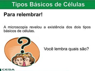 Para relembrar!
A microscopia revelou a existência dos dois tipos
básicos de células.
Você lembra quais são?
 