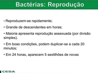 • Reproduzem-se rapidamente;
• Grande de descendentes em horas;
• Maioria apresenta reprodução assexuada (por divisão
simples).
• Em boas condições, podem duplicar-se a cada 20
minutos;
• Em 24 horas, aparecem 5 sextilhões de novas bactérias;
 