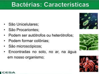 • São Unicelulares;
• São Procariontes;
• Podem ser autótrofos ou heterótrofos;
• Podem formar colônias;
• São microscópicos;
• Encontradas no solo, no ar, na água
em nosso organismo;
 