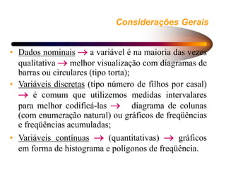 Considerações Gerais
• Dados nominais  a variável é na maioria das vezes
qualitativa  melhor visualização com diagramas de
barras ou circulares (tipo torta);
• Variáveis discretas (tipo número de filhos por casal)
 é comum que utilizemos medidas intervalares
para melhor codificá-las  diagrama de colunas
(com enumeração natural) ou gráficos de freqüências
e freqüências acumuladas;
• Variáveis contínuas  (quantitativas)  gráficos
em forma de histograma e polígonos de freqüência.
 