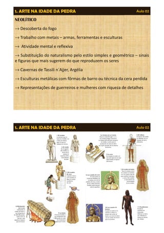Aula 02 
1. ARTE NA IDADE DA PEDRA 
NEOLÍTICO 
®Descoberta do fogo 
®Trabalho com metais – armas, ferramentas e esculturas 
® Atividade mental e reflexiva 
® Substituição do naturalismo pelo estilo simples e geométrico – sinais 
e figuras que mais sugerem do que reproduzem os seres 
®Cavernas de Tassili n`Ajjer, Argélia 
®Esculturas metálicas com fôrmas de barro ou técnica da cera perdida 
®Representações de guerreiros e mulheres com riqueza de detalhes 
1. ARTE NA IDADE DA PEDRA Aula 02 
 